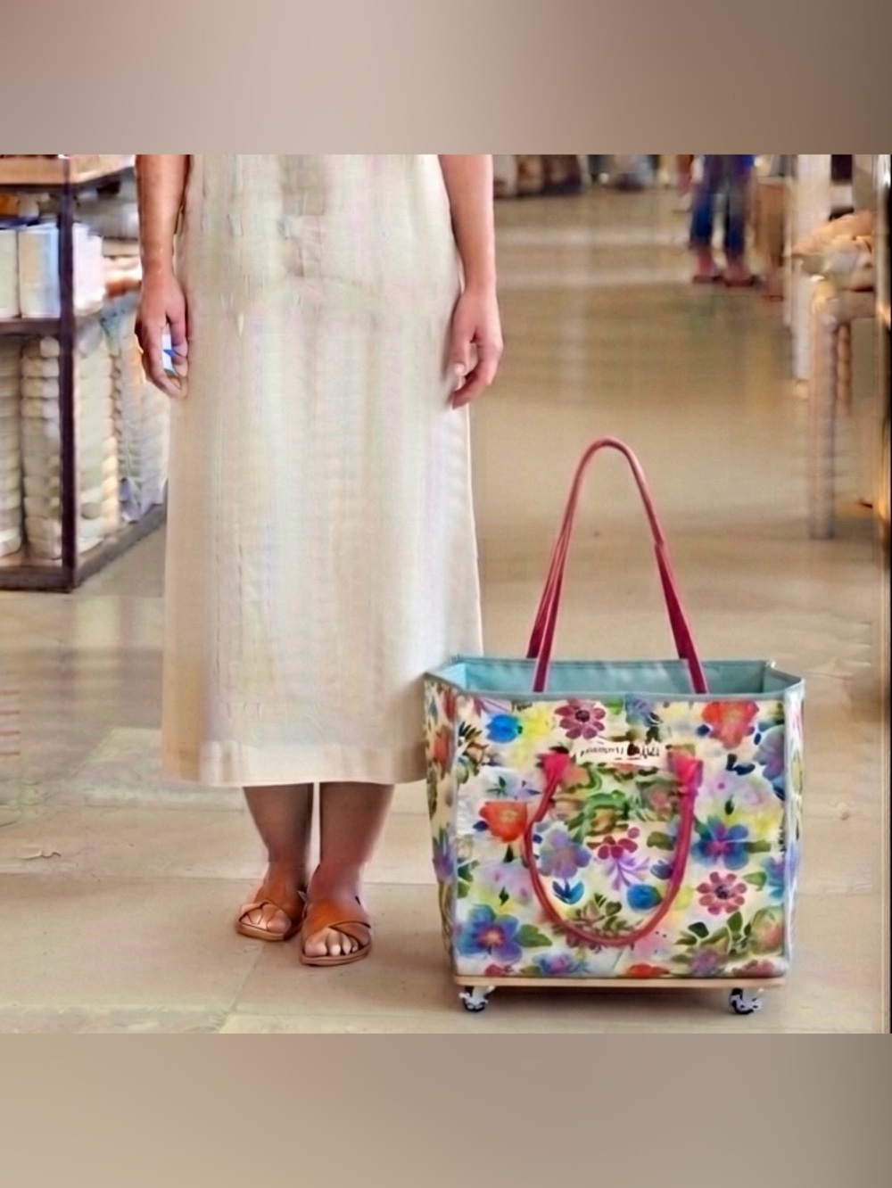 NATURAL LIFE Floral Garden Reusable Tote with Hot Pink Handles